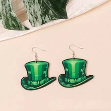 1對時尚愛爾蘭聖派翠克節帽子和四葉草元素木耳環,適合女性佩戴 - 綠色牛仔帽 - 查看 2