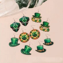 1對時尚愛爾蘭聖派翠克節帽子和四葉草元素木耳環,適合女性佩戴 - 綠色牛仔帽 - 查看 1