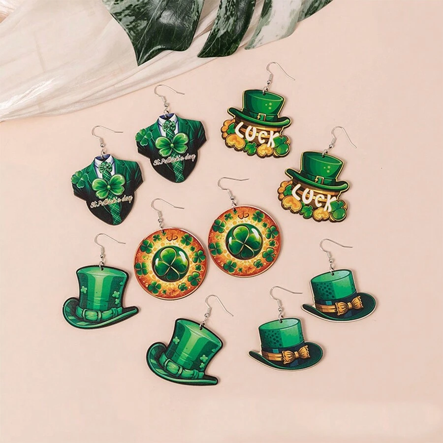 1對時尚愛爾蘭聖派翠克節帽子和四葉草元素木耳環,適合女性佩戴 - 綠色牛仔帽 - 查看 1