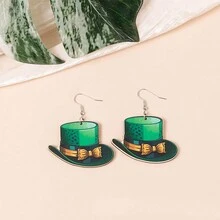 1對時尚愛爾蘭聖派翠克節帽子和四葉草元素木耳環,適合女性佩戴 - 綠色牛仔帽 - 查看 4