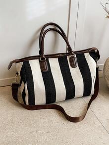 潮流女包，2023新款大容量单肩包，通勤风格，独特休闲设计，简约时尚，PU与帆布混合材质，条纹设计，手感舒适；拉链开合，可调节可拆卸长肩带，精致五金配件，宽敞舒适，手提和斜挎包，非常适合旅行，秋冬季 - 棕色 - 查看 3