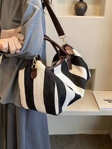 潮流女包，2023新款大容量单肩包，通勤风格，独特休闲设计，简约时尚，PU与帆布混合材质，条纹设计，手感舒适；拉链开合，可调节可拆卸长肩带，精致五金配件，宽敞舒适，手提和斜挎包，非常适合旅行，秋冬季 - 棕色 - 查看 2