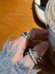 1個時尚女士婚戒,可調節的開放式設計,十字形鑲嵌鑽石,適合婚禮派對,晚宴派對,日常佩戴 - 銀色 - 查看 6