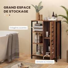 kleankin Meuble de salle de bain sur pied, meuble de rangement, design industriel, structure en acier, 3 étagères ouvertes, placard à 2 niveaux, porte à lamelles, 60 x 30 x 85 cm, marron rustique - Marron - Voir 8
