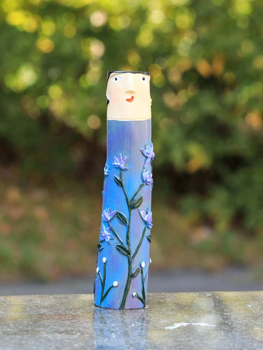 1入組樹脂花瓶裝飾,可愛的現代風格家庭面孔圖案,供應室外盆栽植物作為庭院裝飾 - 彩色 - 查看 1