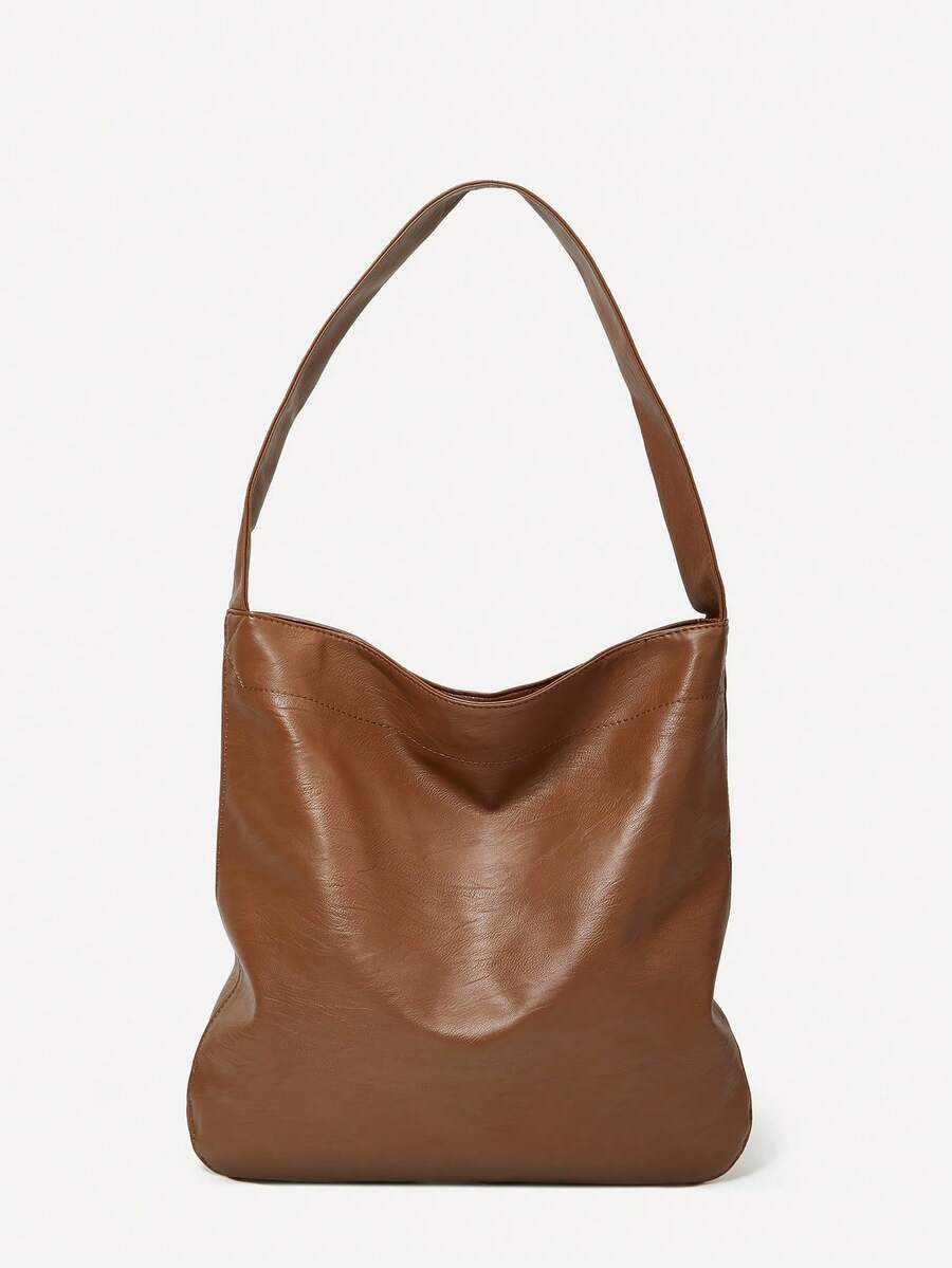 时尚大容量女士手提包秋冬新款欧美风休闲托特包复古单肩包简约大包手提包 - 棕色 - 查看 1