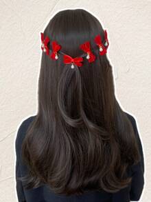 2/10pcs/Bag Sweet Red Velvet Bow & Pearl Decor Hairpins For Daily Wear, Festivals, Dates, Parties, Gatherings And Hair Styling - Red - View 3