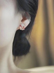 1 对简约精致花环耳环青少年樱花钻石蝴蝶甜美耳环，适合圣诞节