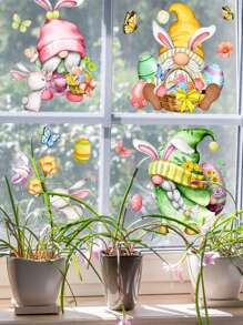 復活節窗貼復活蛋小人兔子窗貼小人窗戶裝飾玻璃窗簾兔子花卉設計窗貼靜電貼窗戶膜派對貼紙用品3張 - 彩色 - 查看 1