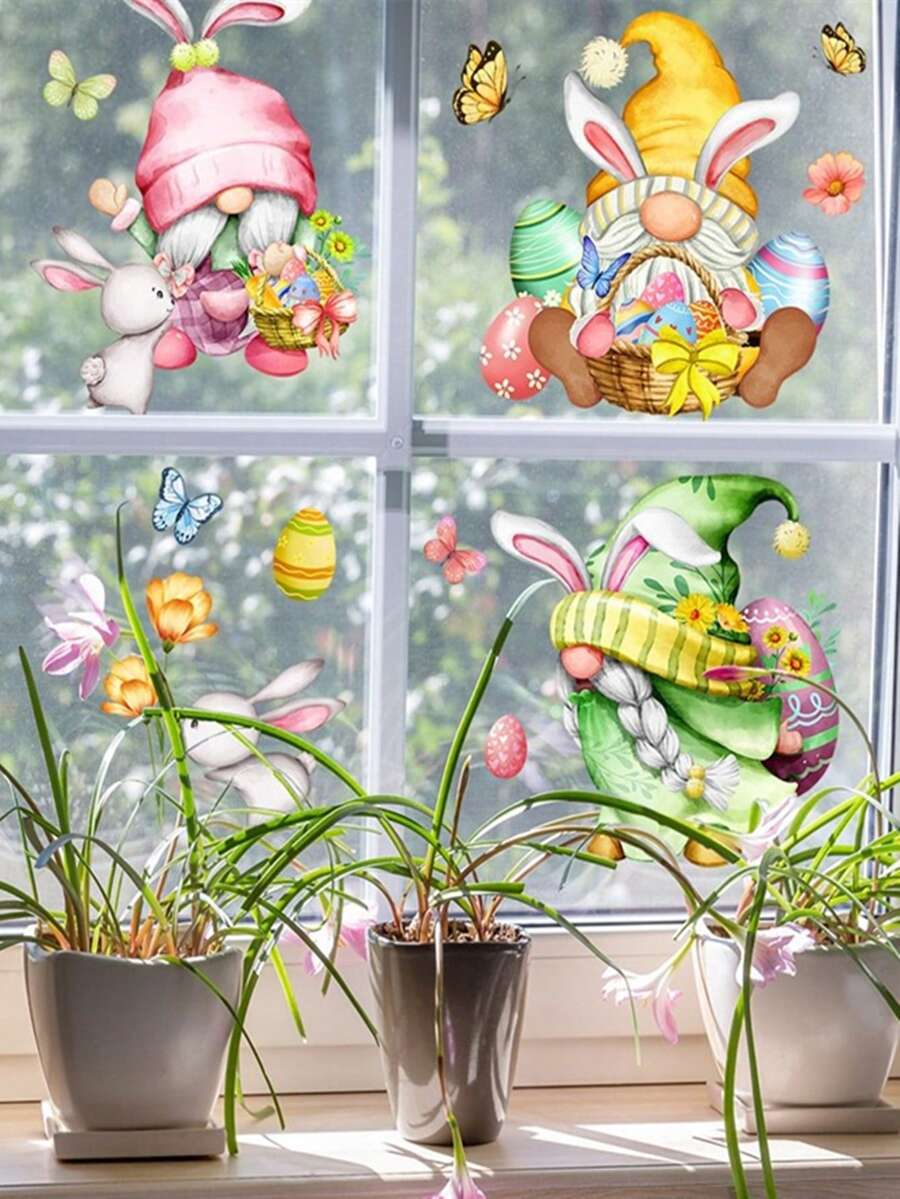 復活節窗貼復活蛋小人兔子窗貼小人窗戶裝飾玻璃窗簾兔子花卉設計窗貼靜電貼窗戶膜派對貼紙用品3張 - 彩色 - 查看 1