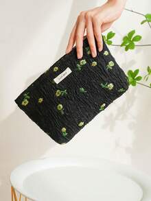 旅行便攜化妝包,洗漱包,提花化妝包,大容量拉鍊內袋,帶有奢華感的帆布多功能儲物袋,便於手提使用 - 黑色 - 查看 1