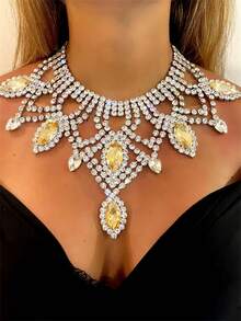 派对个性化时尚水钻和水晶锁领项链，适合女士在夜总会佩戴 - 黃色 - 查看 1