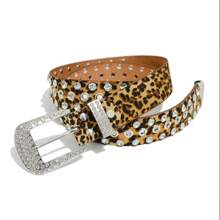 龐克風樣式中空PU豹紋皮帶，經典鑲嵌水晶，鉚釘，男女通用的牛仔腰帶 - 棕色 - 查看 3
