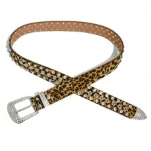 龐克風樣式中空PU豹紋皮帶，經典鑲嵌水晶，鉚釘，男女通用的牛仔腰帶 - 棕色 - 查看 5