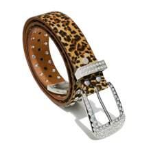 龐克風樣式中空PU豹紋皮帶，經典鑲嵌水晶，鉚釘，男女通用的牛仔腰帶 - 棕色 - 查看 2