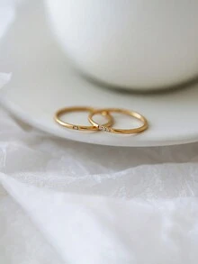 2pcs Sweet & Simple Fashionable Ultra-Thin Titanium Steel Rings With One Or Three Micro-Inlaid Round Gemstone/ Stones - Yellow Gold - View 10