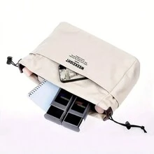 1個帶多個口袋和內部隔層的繩口帆布收納袋,可攜式旅行組織者,極簡時尚風格,大容量多功能收納袋 - 米色 - 查看 5