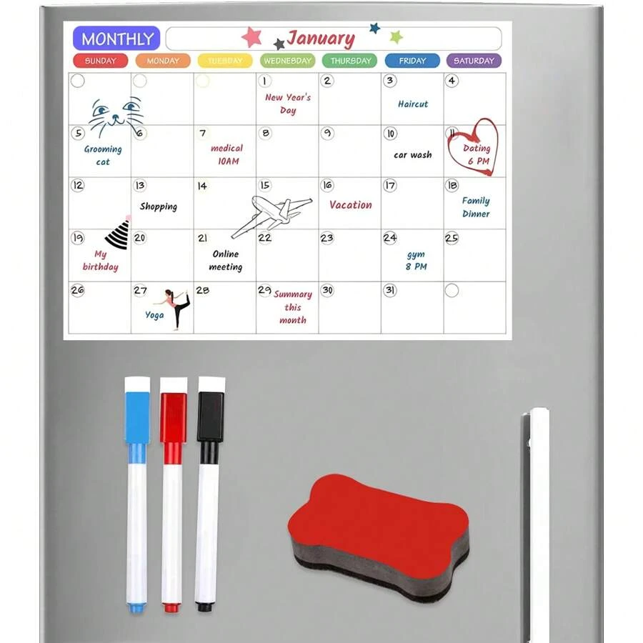Magnetic Monthly Calendar Whiteboard Set- Magnetic Calendar For Refrigerator - Monthly Fridge Calendar Whiteboard With Extra-Thick Magnet Included 3 Markers & 1 Eraser For Wall Hanging - Calendar - View 1