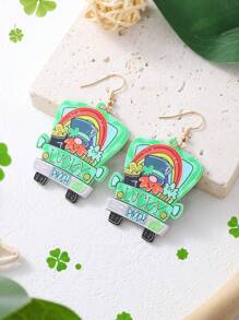 1pair Fashionable & Cute & Creative & Original & Novel & Green & Acrylic & Car & Colorful Letter Detail Dangle Earrings For Women/Girls/Ladies, Ideal Saint Patrick's Day Gift - Green - View 3