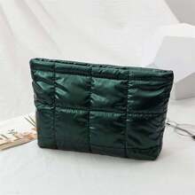 1个纯绿色极简手拿包，带衬垫绗缝拉链袋，适合购物和旅行，女士款 - 綠色 - 查看 8