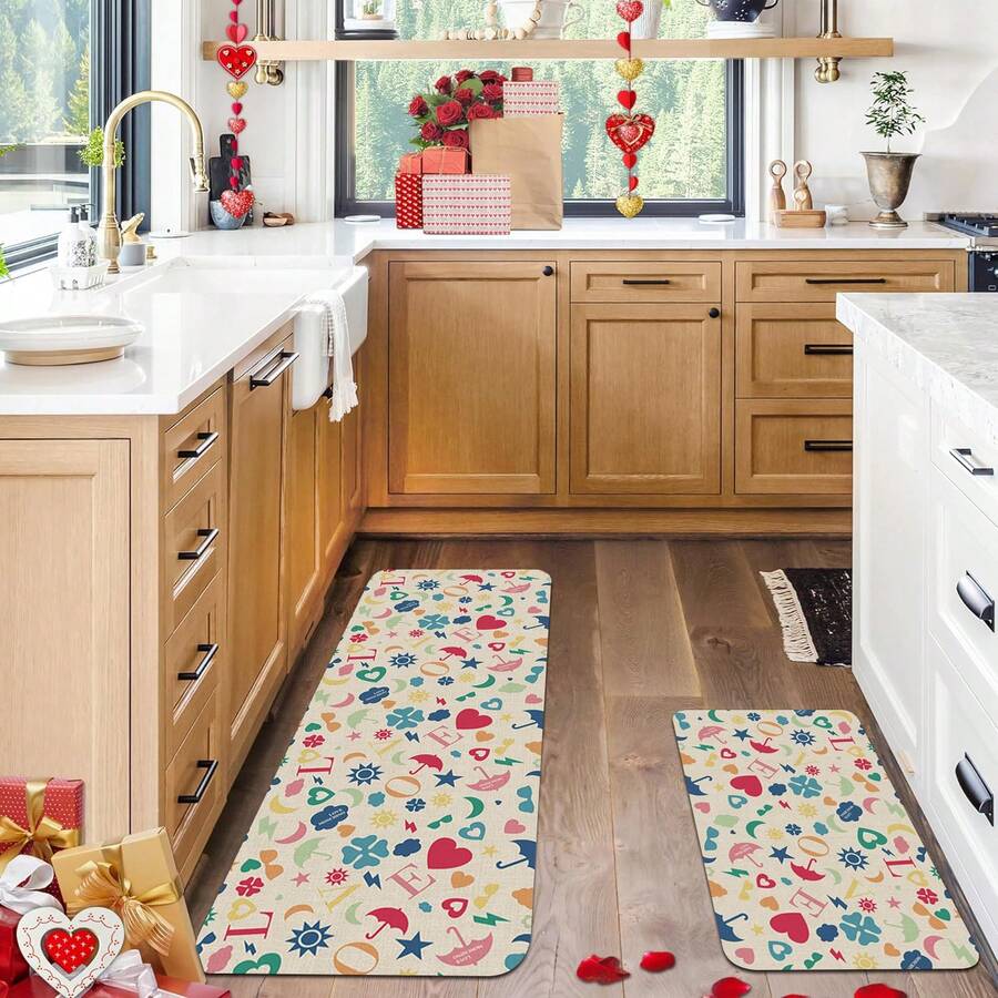 1pc Valentine'S Day Printed Rug Multi-Function Anti-Slip Crystal Velvet Polyester Rectangle Mat, Suitable For Kitchen, Living Room, Bedroom, Bathroom, Vanity, Bedside, Etc. - Multicolor - View 1