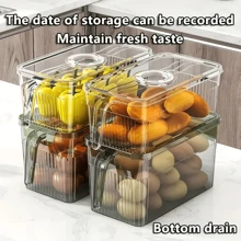 1pc Good Looking Horizontal Refrigerator Storage Box, Transparent Box With Handle And Timer, Storage Box With Drainage Tray, Stackable Fruit Vegetable Crisper, Food Storage Containers, Home Kitchen Utensil - Green - View 3