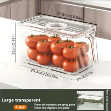 1pc Good Looking Horizontal Refrigerator Storage Box, Transparent Box With Handle And Timer, Storage Box With Drainage Tray, Stackable Fruit Vegetable Crisper, Food Storage Containers, Home Kitchen Utensil - Green - View 2
