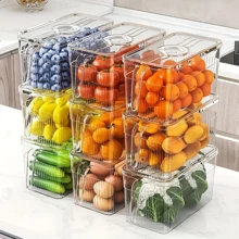 1pc Good Looking Horizontal Refrigerator Storage Box, Transparent Box With Handle And Timer, Storage Box With Drainage Tray, Stackable Fruit Vegetable Crisper, Food Storage Containers, Home Kitchen Utensil - Green - View 5