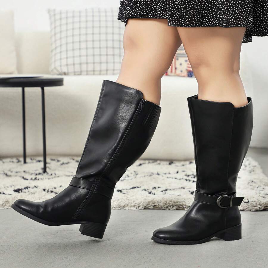 Spring Women's Extra Wide Calf Pull On Side Zipper Knee High Boots Wedding Party Christmas Halloween Fall Winter Shoes Women - màu đen - Xem 1