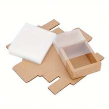 12/24pcs Set Kraft Paper Gift Boxes With PVC Sleeve, Rectangular Gift Packaging Storage Box, BurlyWood Brand, Unfolded Size: 9.41x9.33x0.02 Inches, Box Size: 3.27x3.27x1.26 Inches, Inner Size: 2.65x2.65x1.18 Inches - Brown - View 7