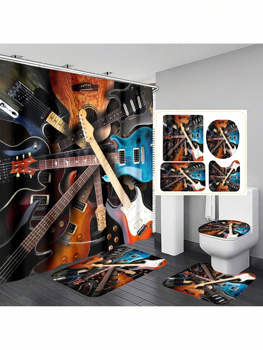 1pc/4pcs Guitar Lover Multifunctional Decorated Bathroom Set, Including Shower Curtain, 12 Hooks, Non-Slip Mat, U-Shaped Mat, Circular Toilet Lid Cover, Suitable For All Bathroom Scenes - Multicolor - View 1