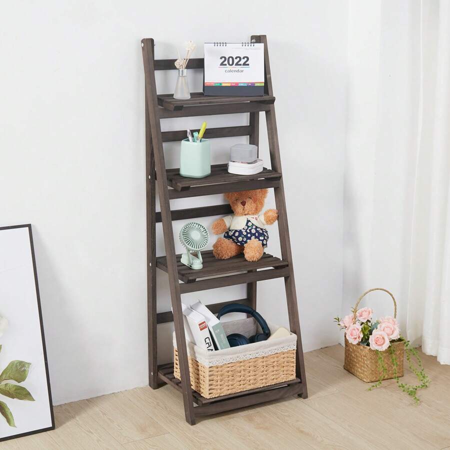 Wooden Ladder Shelf, 4 Tier Plant Stand Flower Display Stand Folding Wooden Ladder Storage Rack Shelf Unit Corner Book Shelves Indoor Outdoor Plant Ladder Racks - Brown - View 1