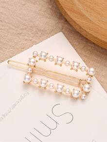 1個女士時尚方形珍珠髮夾 - 金色 - 查看 2