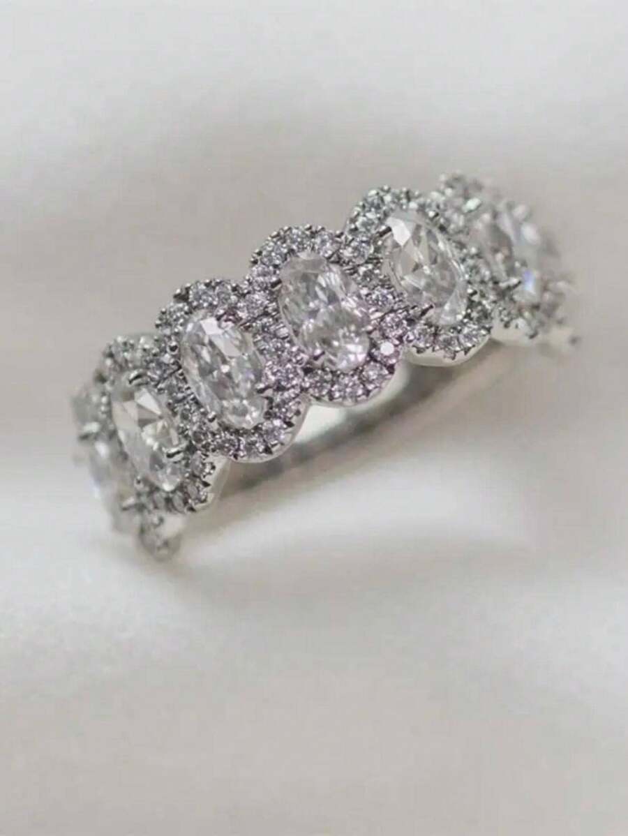 1個時尚豪華立方氧化鋯裝飾女戒指,適用於日常、生日、婚禮、派對等場合 - 銀色 - 查看 1