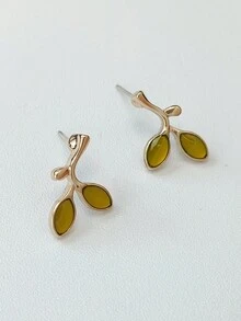 女性禮物1對時尚金色樹脂葉形耳釘,適用於女孩日常或派對佩戴 - 黃色 - 查看 4