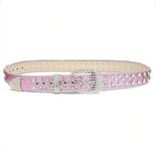 Y2K Studded Rhinestone Embedded Shiny Belt, Suitable For Party, Casual, Street, Holiday And Daily Wear Summer, School Fall, Autumn, Halloween - Pink - View 3