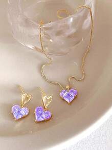 3 件套時尚 2k 水鑽心形吊墜項鍊和耳環套裝女式、浪漫約會、派對、度假、日常佩戴、情人節禮物 - 彩色 - 查看 4