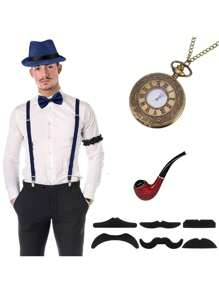 14入組 1920 年代男士配件 1920 年代男士服裝 1920 年代男士配件 Roaring 20 年代帶懷錶/假鬍子/男士軟呢帽 - 酒紅色 - 查看 8