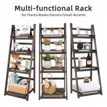 Wooden Ladder Shelf, 4 Tier Plant Stand Flower Display Stand Folding Wooden Ladder Storage Rack Shelf Unit Corner Book Shelves Indoor Outdoor Plant Ladder Racks - Brown - View 8