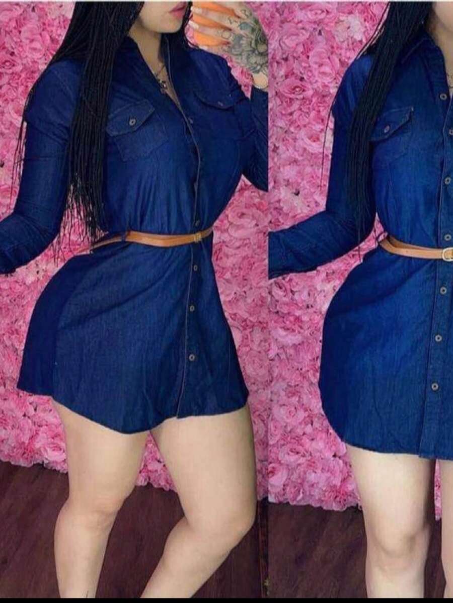Vestido de mezclilla manga larga - Azul Marino - Ver 1