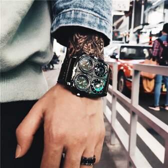 男式方形大錶盤石英手錶，雙顯示，時尚個性化的歐美風格，適合日常佩戴，適用於父親