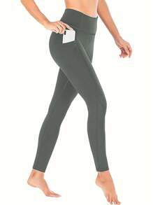 1pc Pocket Design High Waist Stretchy Yoga Leggings, Compression Tights For Yoga, Fitness, Running - Army Green - View 1