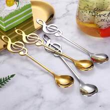 Cuchara De Acero Inoxidable Con Clave De Sol Dorada Y Varios Diseños, Para Café, Pastel, Postre Y Té Helado, 1 Ud. - Plateado - Ver 6