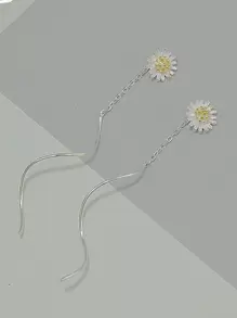 1pair Fashionable Simple Sunflower & Daisy Flower Ear Threader Earrings, Gift For Festival & Parties, Luxury Daily Wear, Retro Look, High-End Silver Jewelry - Silver - View 6