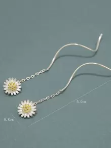 1pair Fashionable Simple Sunflower & Daisy Flower Ear Threader Earrings, Gift For Festival & Parties, Luxury Daily Wear, Retro Look, High-End Silver Jewelry - Silver - View 2