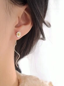 1pair Fashionable Simple Sunflower & Daisy Flower Ear Threader Earrings, Gift For Festival & Parties, Luxury Daily Wear, Retro Look, High-End Silver Jewelry - Silver - View 7