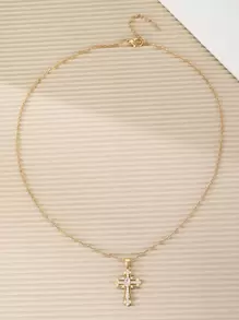 1 st Enkelt mikroinlagt Cubic Zirconia Cross Pendant Halsband för män och kvinnor, dagligt slitage - Gult guld - Visa 3