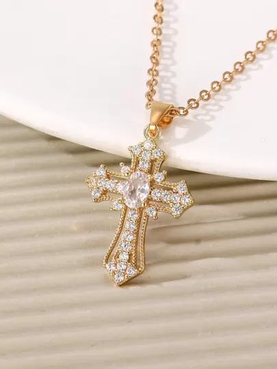 1 st Enkelt mikroinlagt Cubic Zirconia Cross Pendant Halsband för män och kvinnor, dagligt slitage