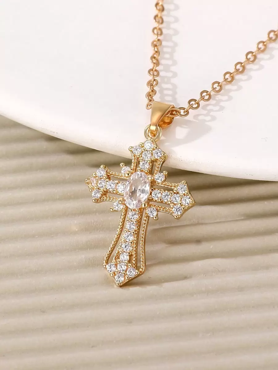 1 st Enkelt mikroinlagt Cubic Zirconia Cross Pendant Halsband för män och kvinnor, dagligt slitage - Gult guld - Visa 1
