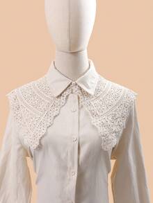 1 件女士纯色镂空仿珍珠装饰和甜美彼得潘领和花卉边缘针织装饰披肩适合日常穿着 - 杏色 - 查看 1